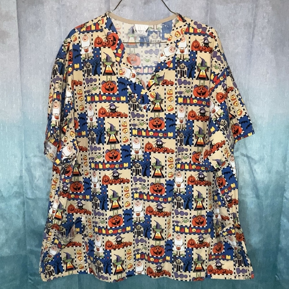 Halloween Womens Scrub Top Uniform Size 2XL Fundamental White Swan‎